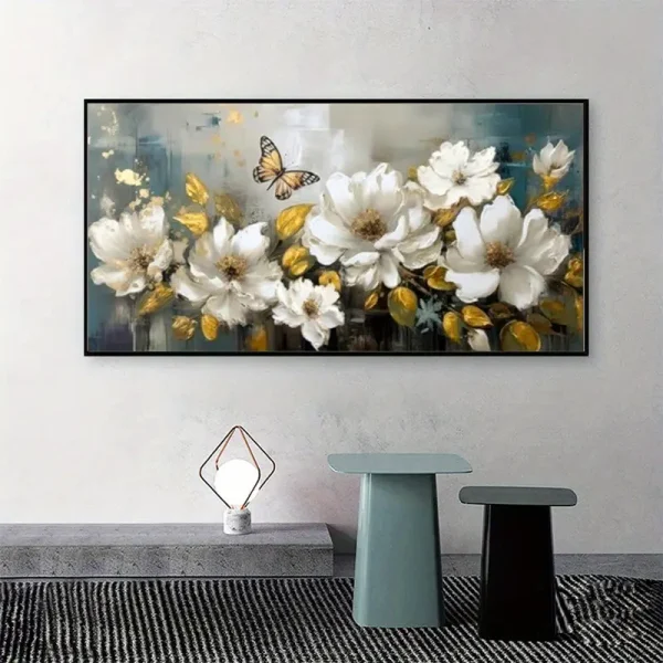 Hand-Painted White Flower & Butterfly Canvas Wall Art | Modern Floral Painting for Living Room - Image 5