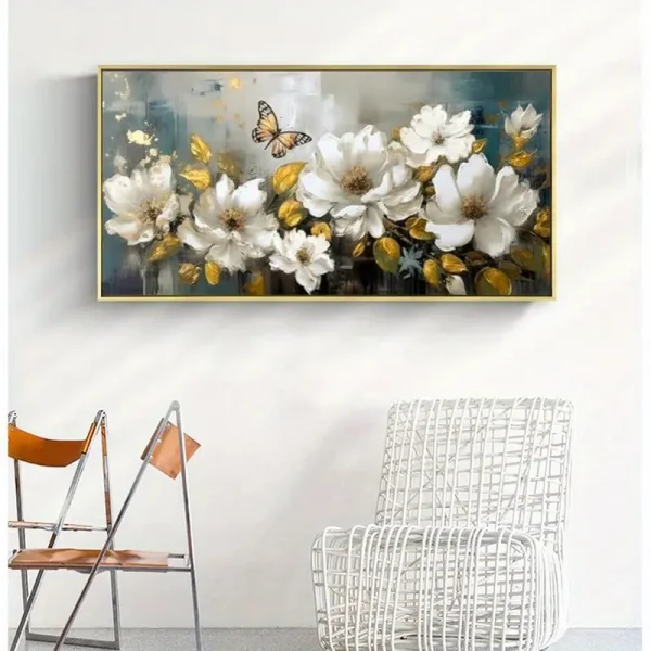 Hand-Painted White Flower & Butterfly Canvas Wall Art | Modern Floral Painting for Living Room - Image 10