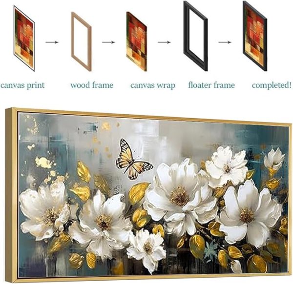 Hand-Painted White Flower & Butterfly Canvas Wall Art | Modern Floral Painting for Living Room - Image 9