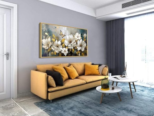 Hand-Painted White Flower & Butterfly Canvas Wall Art | Modern Floral Painting for Living Room - Image 8