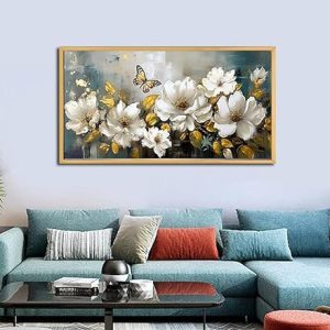 Large framed abstract flower painting with white blossoms, gold leaf, and butterfly for home decoration