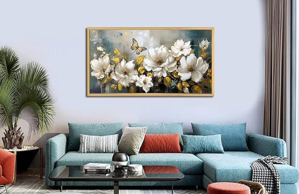 Large framed abstract flower painting with white blossoms, gold leaf, and butterfly for home decoration