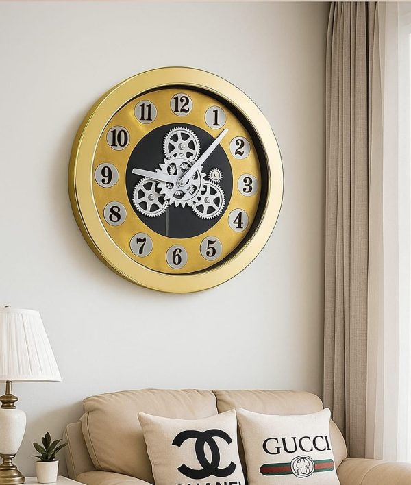 -Golden Wall Clock with Exposed Gears