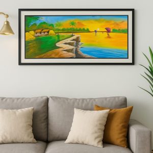 Hand-painted Bangladeshi village sunset landscape art framed for home decor