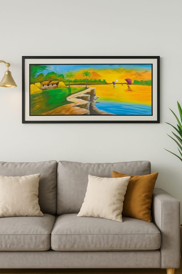 Hand-painted Bangladeshi village sunset landscape art framed for home decor