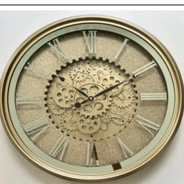 Gold Moving Gear Wall Clock with Roman Numerals | Industrial Steampunk Design - Image 4