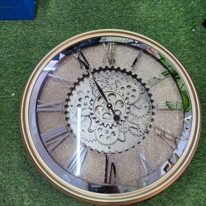 Gold Industrial Style Wall Clock with Moving Gears and Roman Numerals