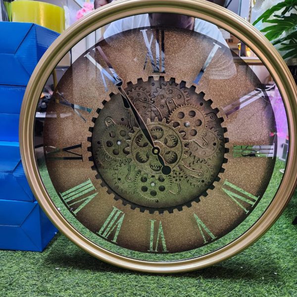 Gold Moving Gear Wall Clock with Roman Numerals | Industrial Steampunk Design - Image 3