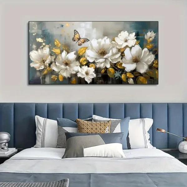 Hand-Painted White Flower & Butterfly Canvas Wall Art | Modern Floral Painting for Living Room - Image 4