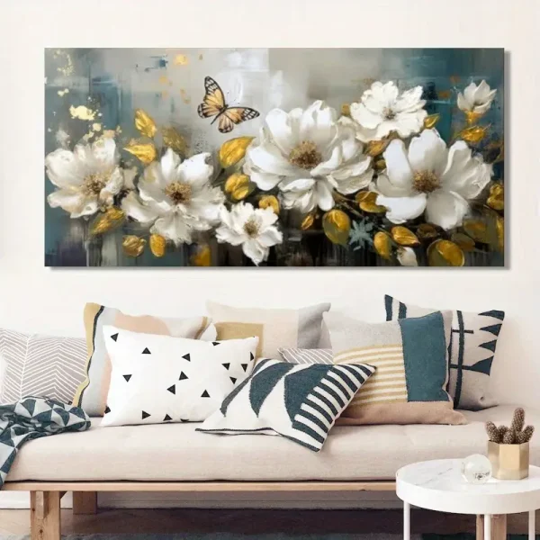 Hand-Painted White Flower & Butterfly Canvas Wall Art | Modern Floral Painting for Living Room - Image 3
