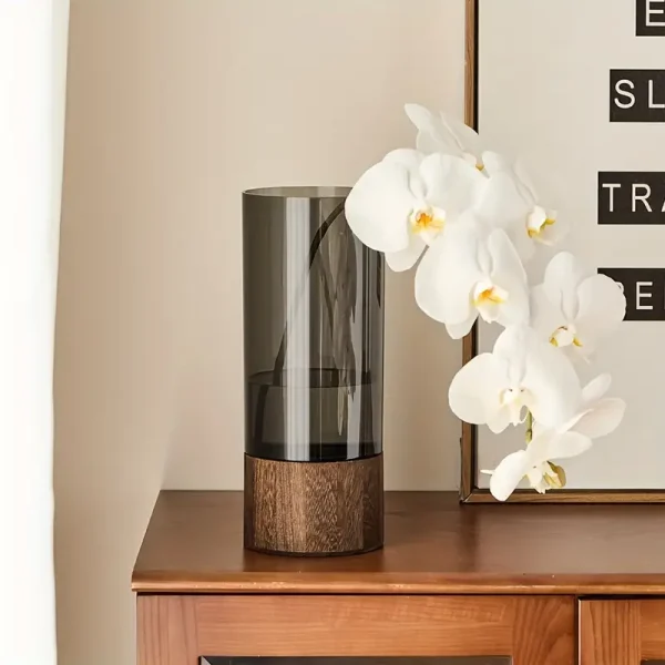 Decorative Glass Vase with Wooden Base – Smoky Grey & Walnut Brown - Image 3