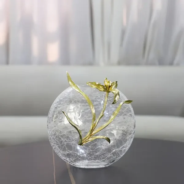 Floral Brass and Crack Glass Vases – Elegant Decorative Set - Image 14