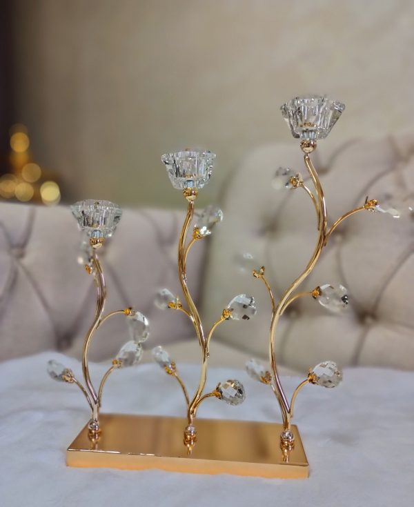 Luxury Candle Holder with Glass Stone Floral Design in Gold Finish