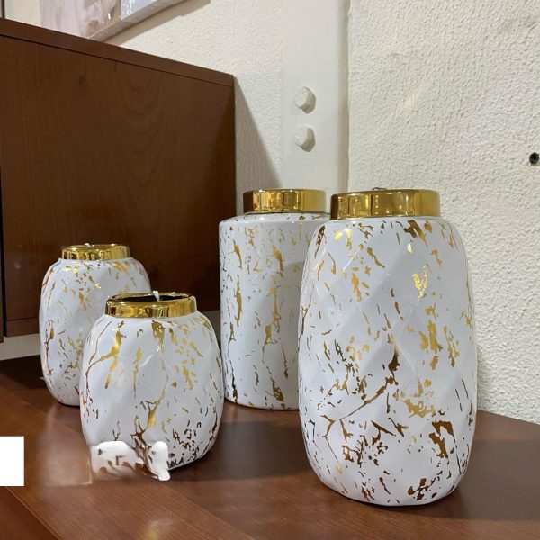 Decorative Marble Finish Ceramic Flower Vases – Black & White with Golden Accent (Set of 3 Sizes) - Image 9