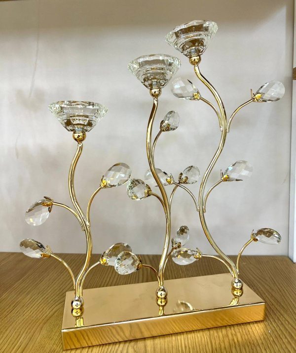 Luxury Gold Candle Holder – Metal Frame with Glass Stone Floral Design - Image 3