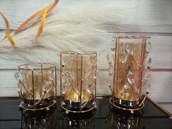 Luxury Gold Candle Holder Set – Metal & Glass Design with Crystal Detailing - Image 3