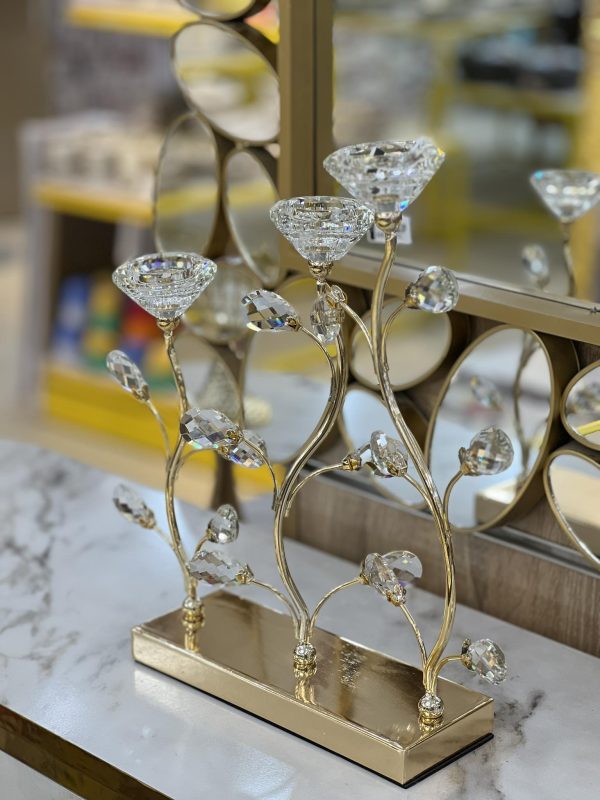 Luxury Gold Candle Holder – Metal Frame with Glass Stone Floral Design - Image 4
