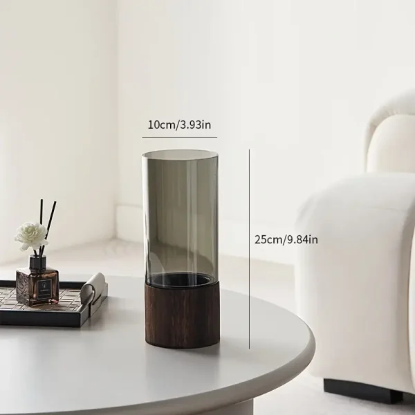 Decorative Glass Vase with Wooden Base – Smoky Grey & Walnut Brown - Image 4