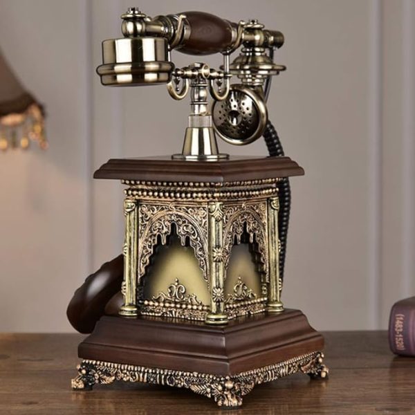 Antique Decorative Telephone Showpiece – Retro Style with Brass & Wood Finish - Image 4