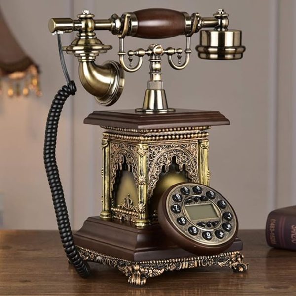 Antique Decorative Telephone Showpiece with Brass and Wood Finish