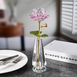 Crystal Glass Lotus Flower Showpiece – Multicolor Petals on Golden Base