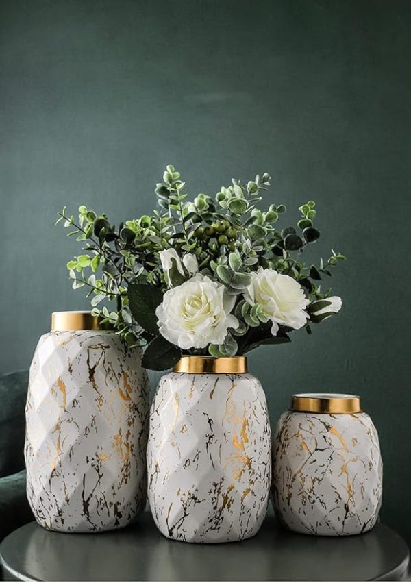 Decorative Marble Finish Ceramic Flower Vases – Black & White with Golden Accent (Set of 3 Sizes) - Image 10
