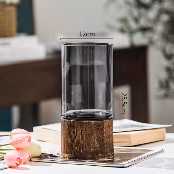 Decorative Glass Vase with Wooden Base – Smoky Grey & Walnut Brown - Image 6