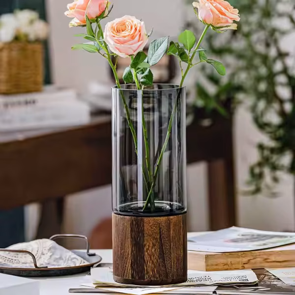 Decorative Glass Vase with Wooden Base – Smoky Grey & Walnut Brown - Image 8