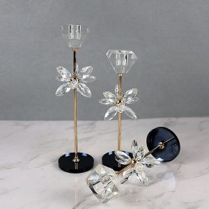 Set of 3 Crystal and Gold Candle Holders with Flower Accents