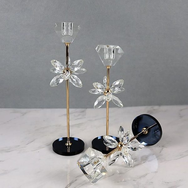 Set of 3 Crystal and Gold Candle Holders with Flower Accents