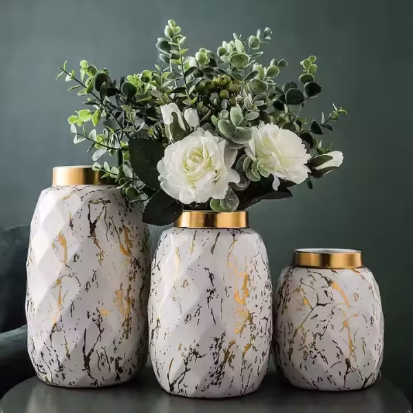 Decorative Marble Finish Ceramic Flower Vases – Black & White with Golden Accent (Set of 3 Sizes) - Image 4
