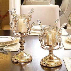 Gold Crystal Candle Holder with Leaf Design