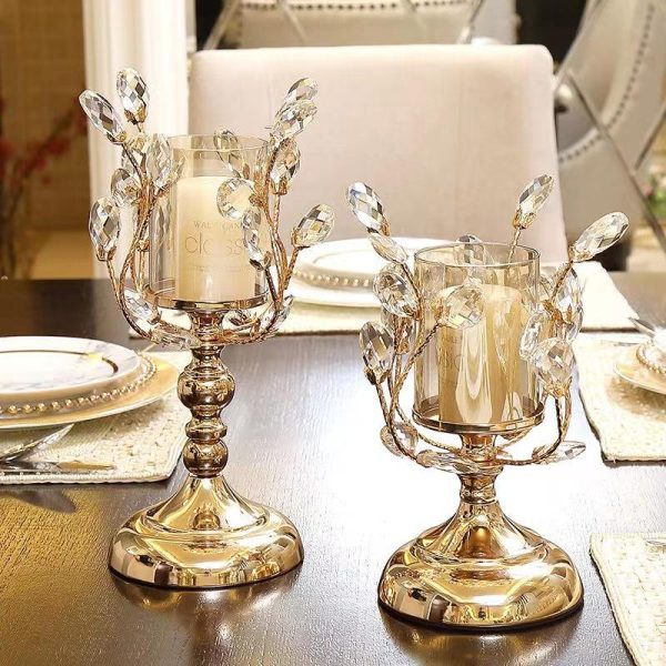 Gold Crystal Candle Holder with Leaf Design