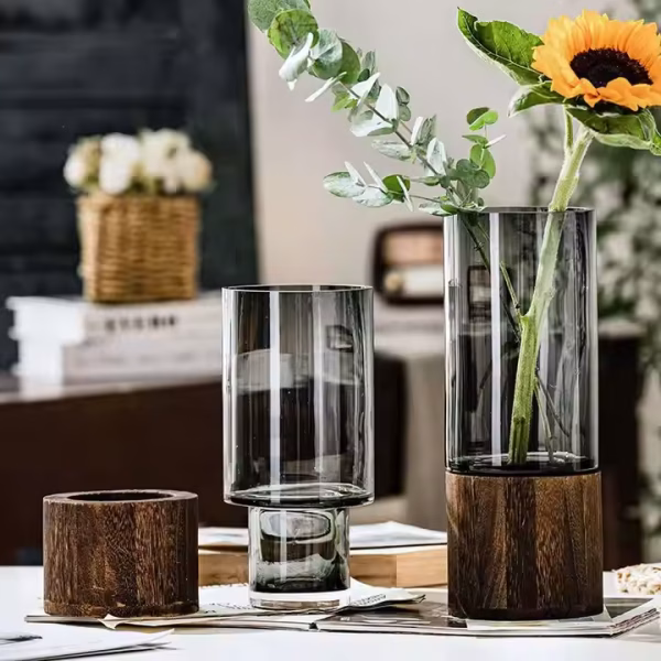 Decorative Glass Vase with Wooden Base – Smoky Grey & Walnut Brown - Image 7