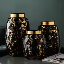 Decorative black & white ceramic vases with golden rim in marble pattern – 3 sizes