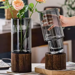 Decorative smoky glass vase with walnut wooden base
