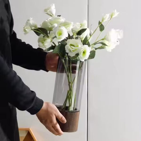 Decorative Glass Vase with Wooden Base – Smoky Grey & Walnut Brown - Image 11