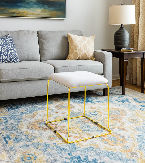 Luxury Velvet Stool in Light Grey and Teal Green with Four-Square Design