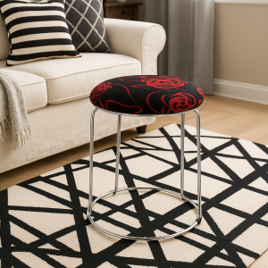 Luxury Velvet Stool in Red & Black Mix with Metal Legs