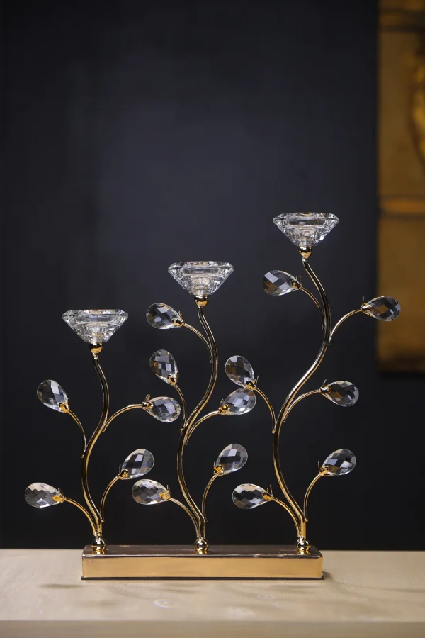Luxury Gold Candle Holder – Metal Frame with Glass Stone Floral Design - Image 5