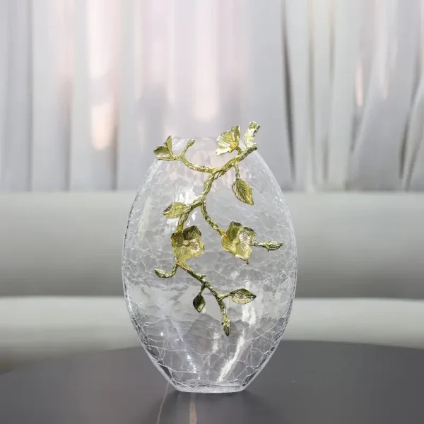 Floral Brass and Crack Glass Vases – Elegant Decorative Set - Image 12