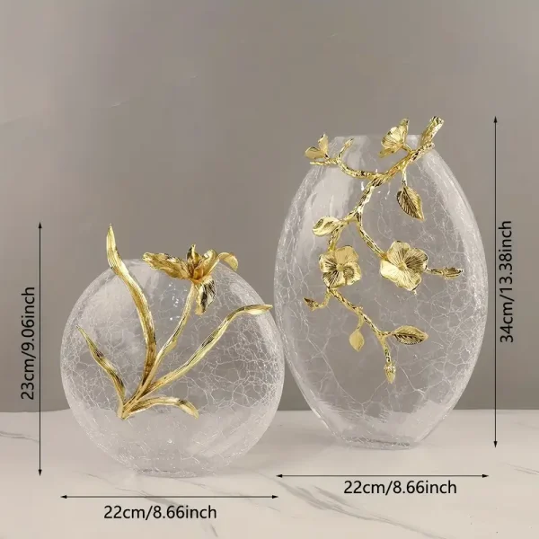 Floral Brass and Crack Glass Vases – Elegant Decorative Set - Image 10