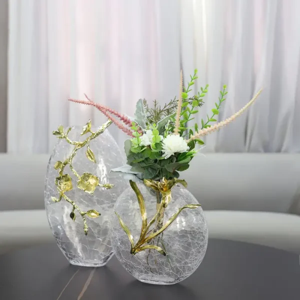 Floral Brass and Crack Glass Vases – Luxury Decorative Set