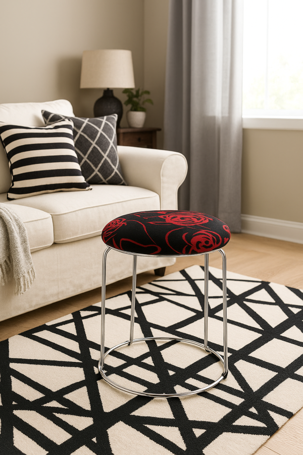 Luxury Velvet Stool – Red & Black Mix with Metal Legs - Image 8