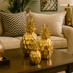 Golden Ceramic Pineapple Showpiece – Set of 3
