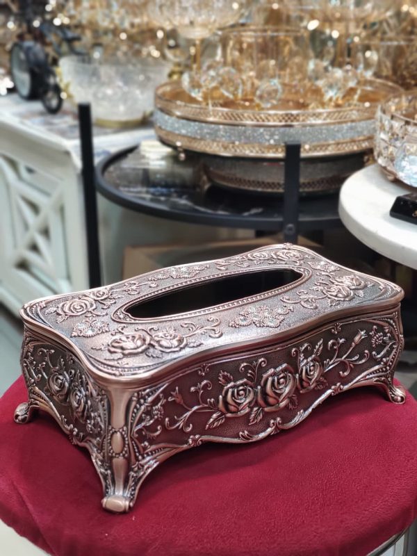 Antique Copper Rose Design Tissue Box Holder Vintage Metal Tissue Box Cover with Floral Carvings Luxurious Decorative Tissue Holder for Home Decor